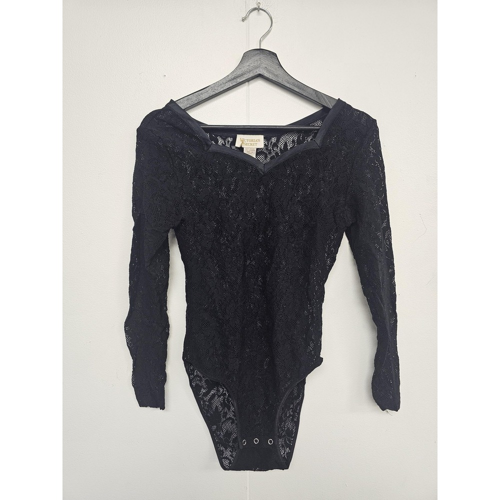 Vintage‎ Victoria's Secret Lace Bodysuit Womens Medium Black Long Sleeve 90s